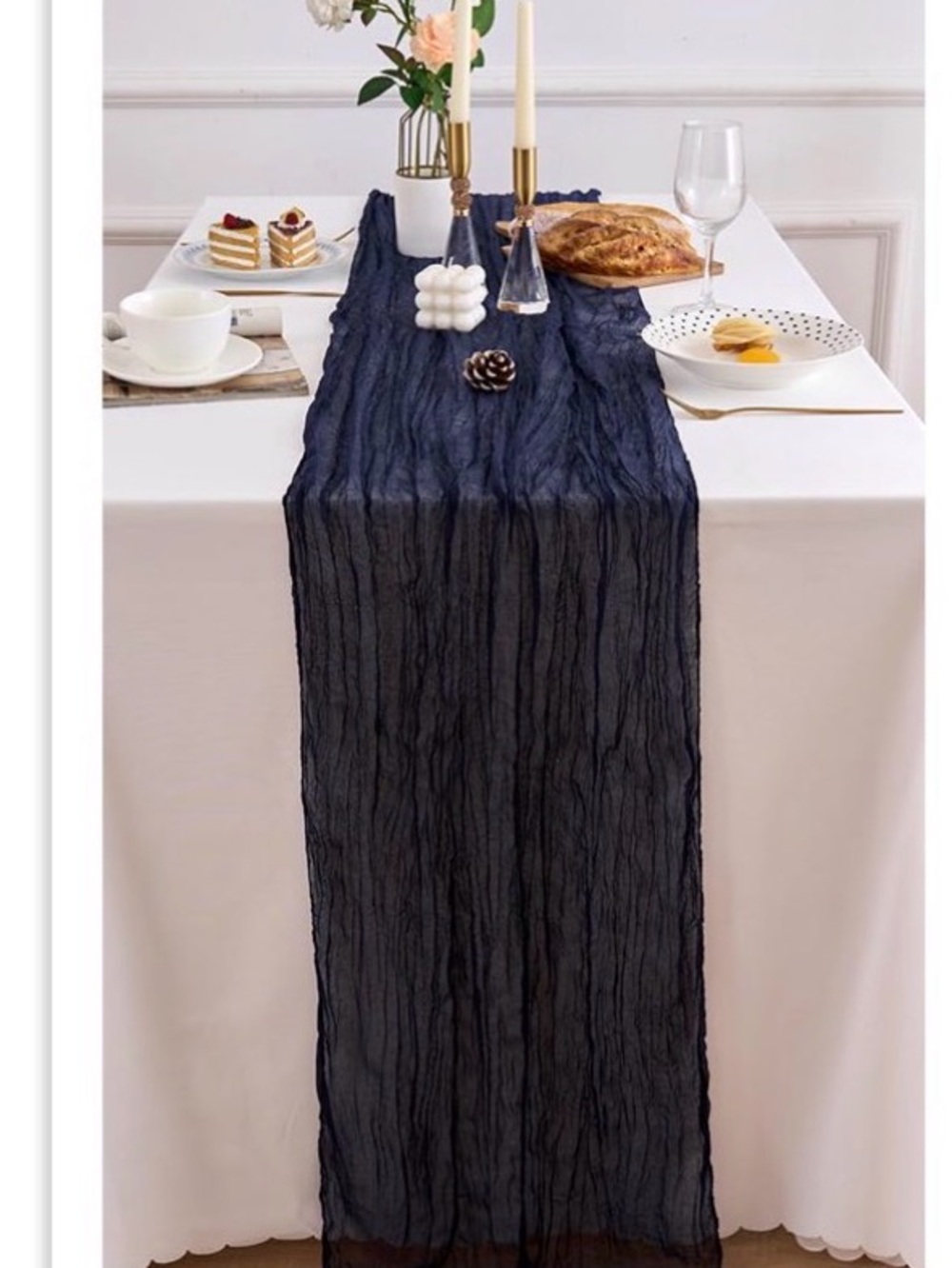 Elegant Navy Blue Crinkled Table Runner - Home Accents